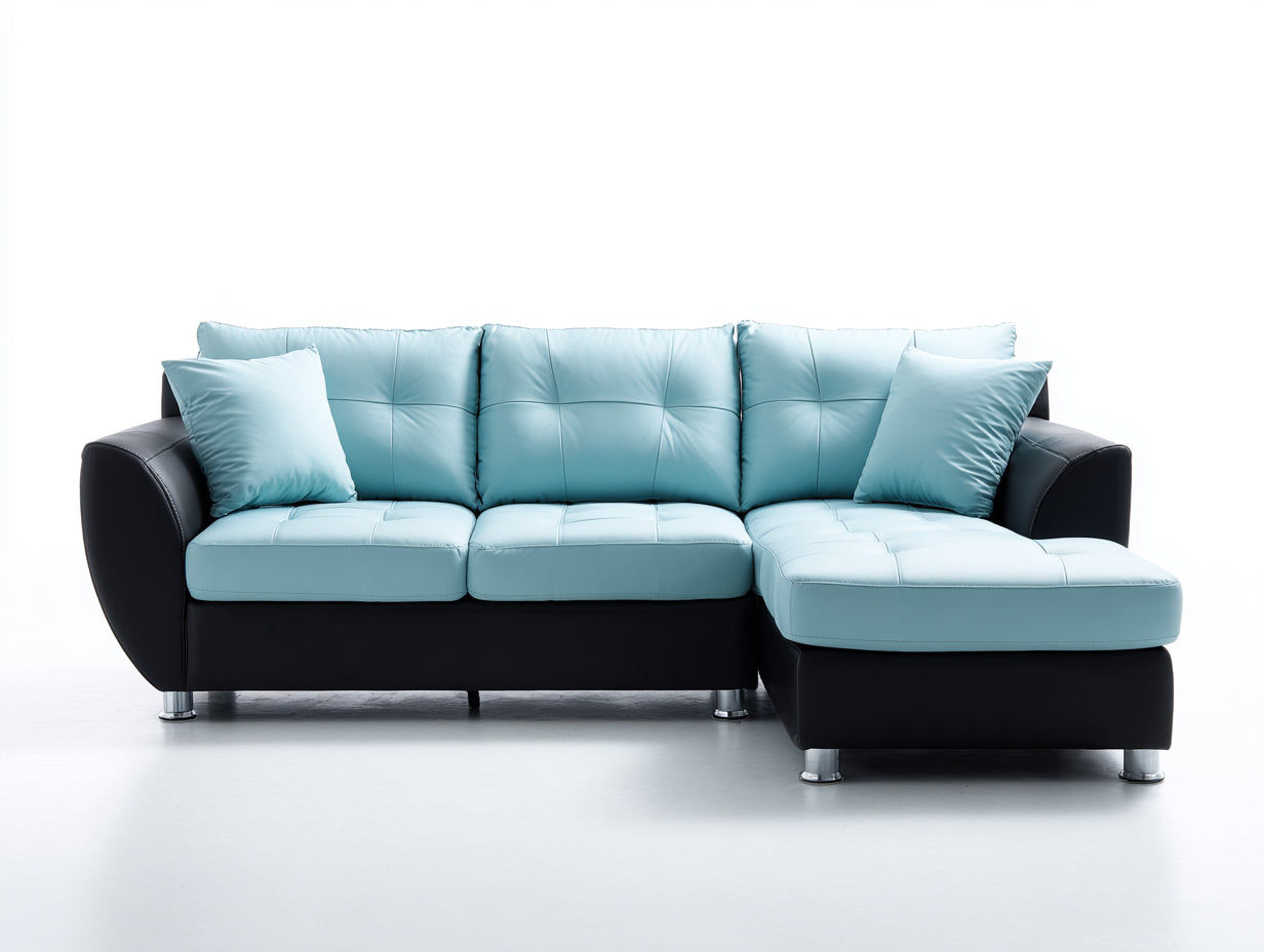 Sofás de esquina de piel sintética 240x160x82 cm - azul claro y negro - diseño moderno con chaise longue