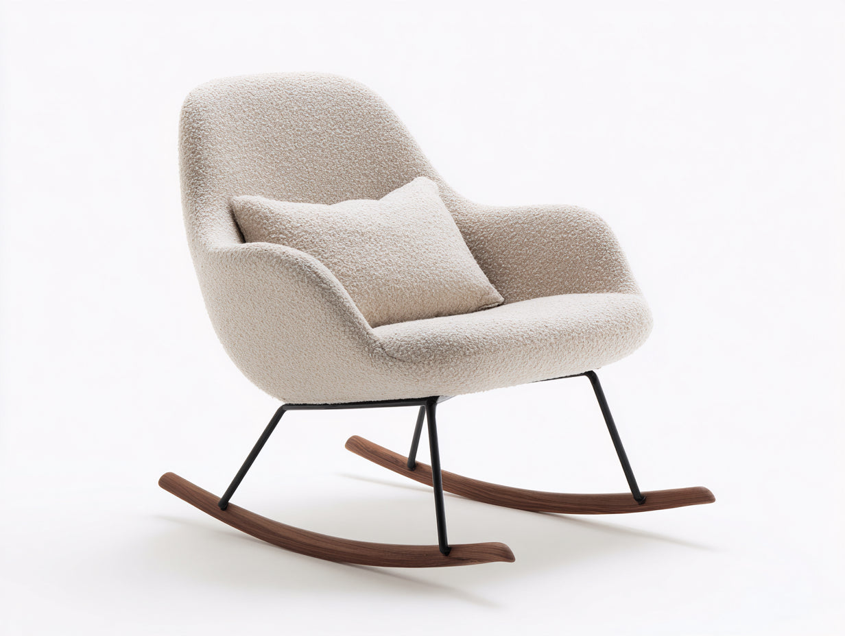 Mecedoras tapizadas en tejido borreguito 78x90x92 cm beige con base de madera estilo moderno para salón