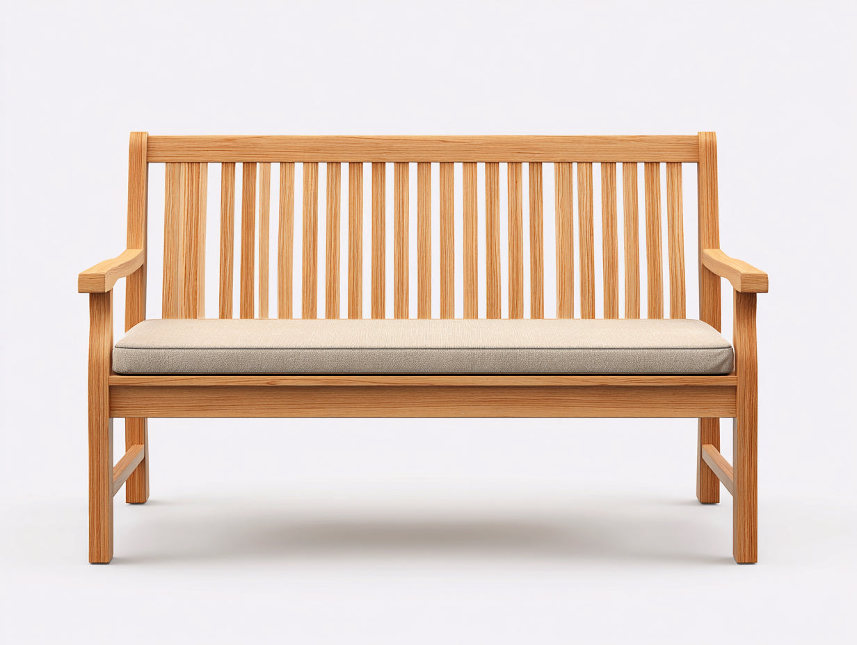 Banco de jardín de madera con cojín 150x60x88 cm - madera natural y beige - diseño clásico con reposabrazos