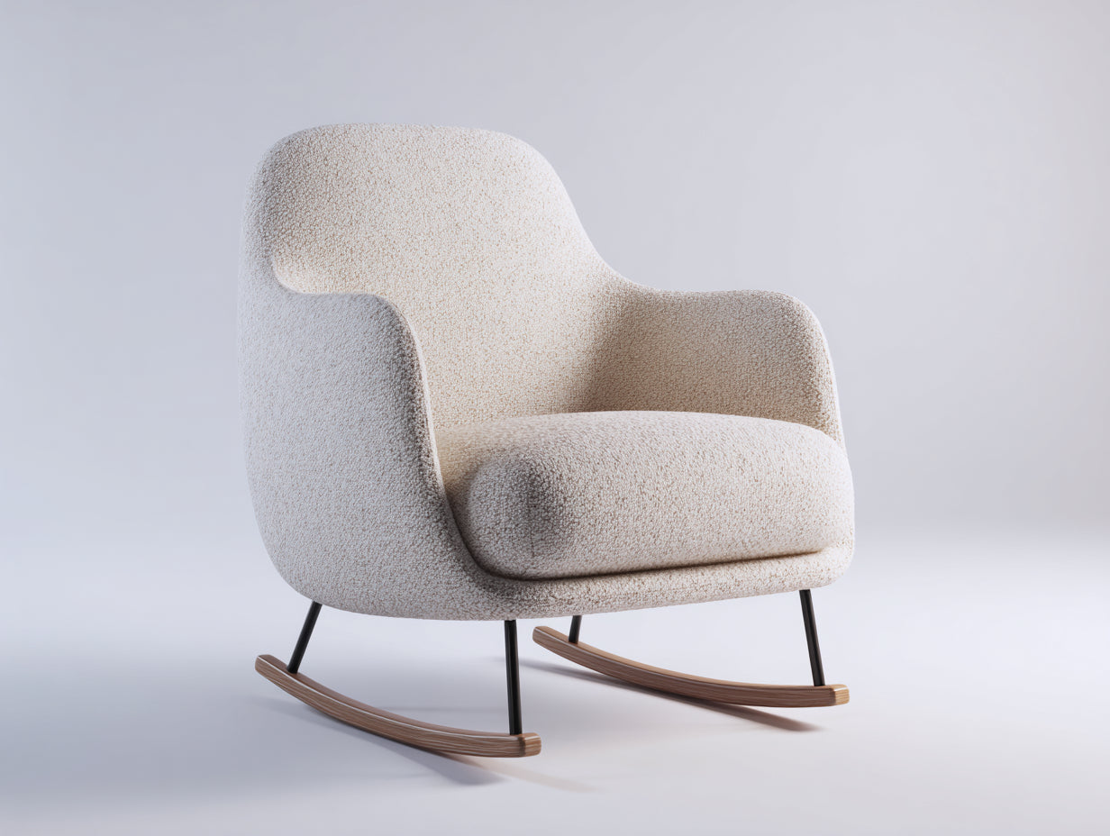 Mecedoras tapizadas en tejido borreguito 77x87x88 cm beige con patines de madera estilo moderno para salón