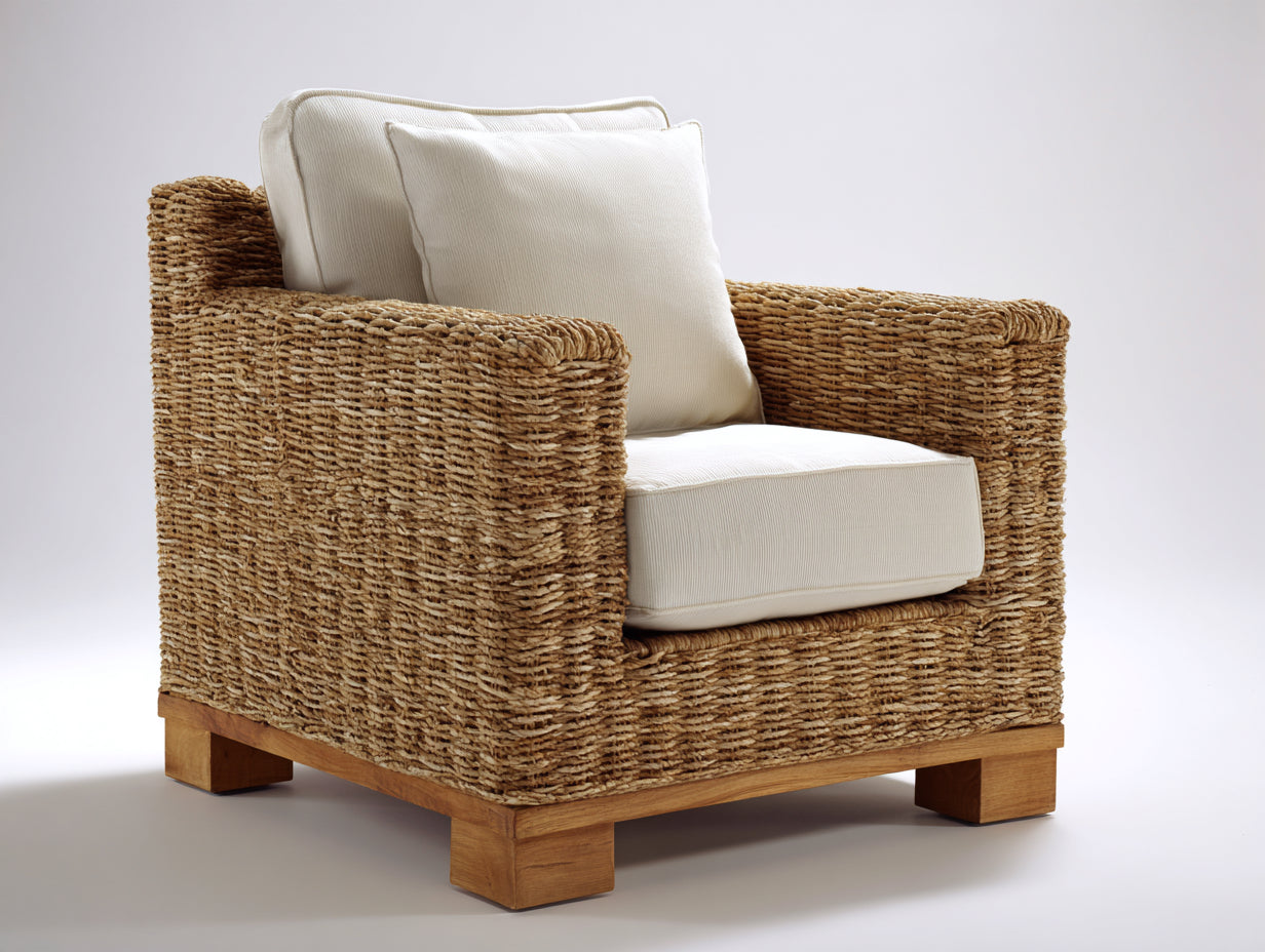 Sillón de ratán con cojines 94x90x78 cm - ratán natural y beige - diseño trenzado con base de madera