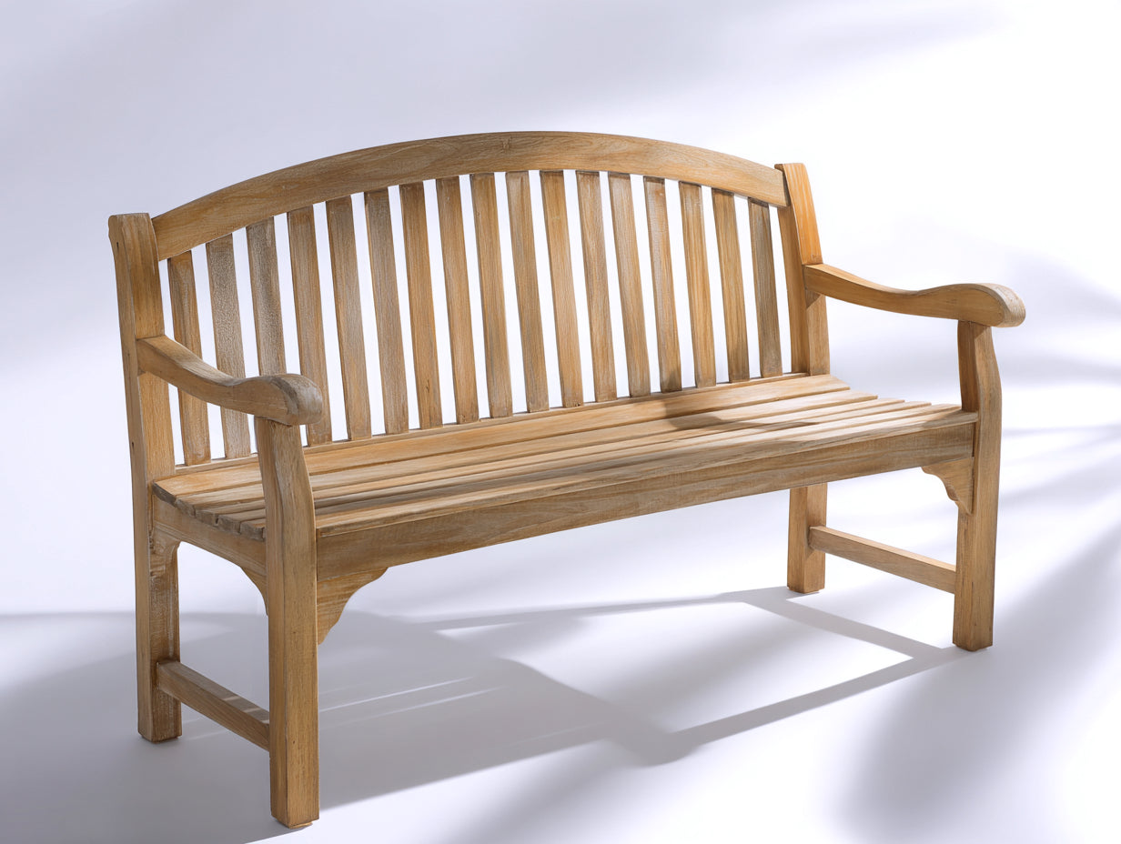 Banco de jardín de madera 150x62x89 cm - madera natural - respaldo curvado con reposabrazos