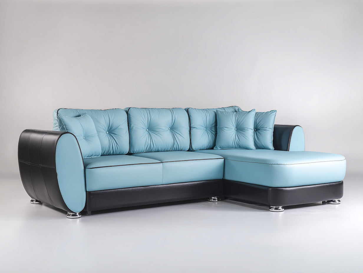 Sofás de esquina piel sintética 260 x 180 x 85 cm - Azul claro y negro - Diseño moderno con extensión de descanso