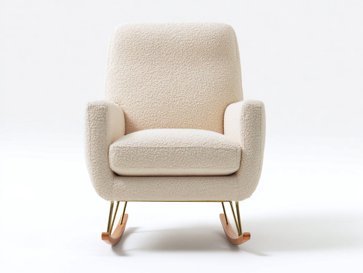 Mecedoras tapizadas en tela rizada 82x74x95 cm - beige y madera natural - base dorada moderna para interior