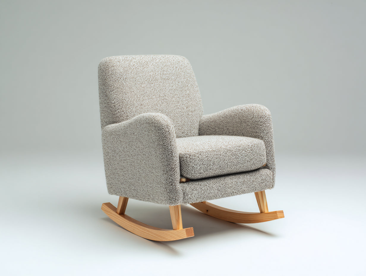 Mecedoras de tela texturizada 88x72x96 cm - beige y madera natural - diseño moderno con base curva