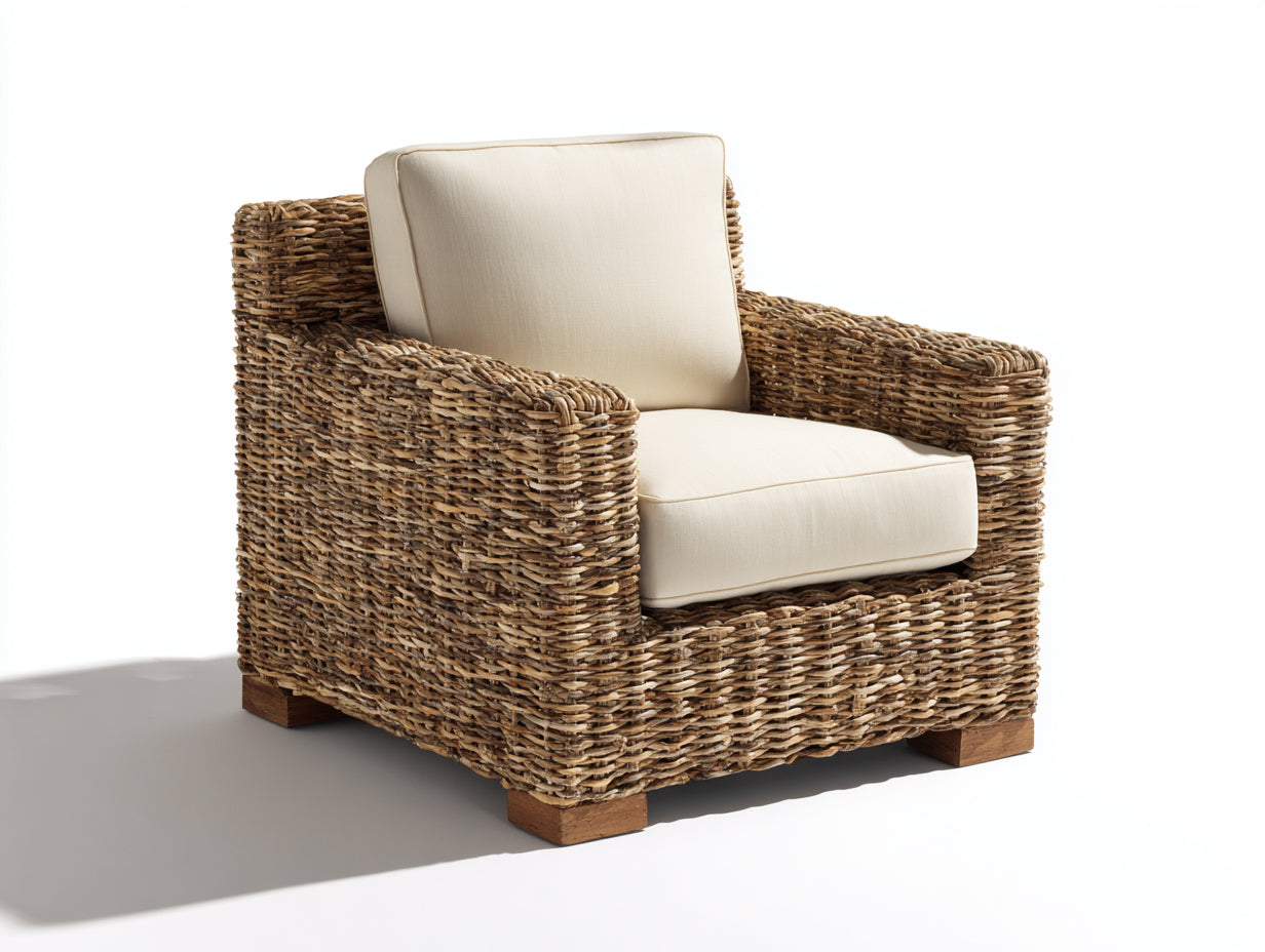 Sillón de ratán con cojines 92x88x76 cm - ratán natural y beige - diseño trenzado compacto