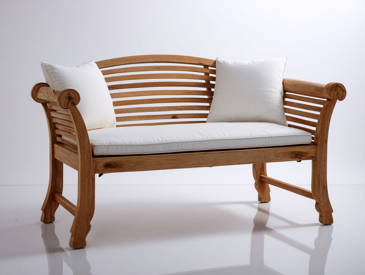 Bancos de jardín de madera maciza 130x65x90 cm marrón natural con cojín blanco estilo clásico para exterior
