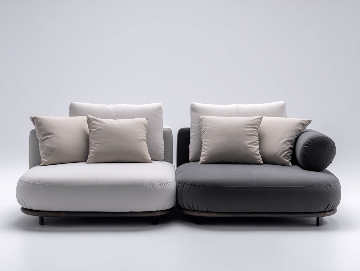 Sofás de esquina modular tapizado en tela 240x110x85 cm gris claro y gris oscuro estilo moderno para salón